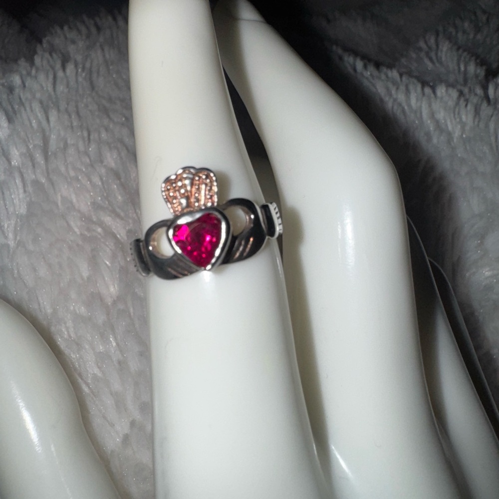 Vintage Claddagh Ring With Ruby Heart Sterling Si… - image 1